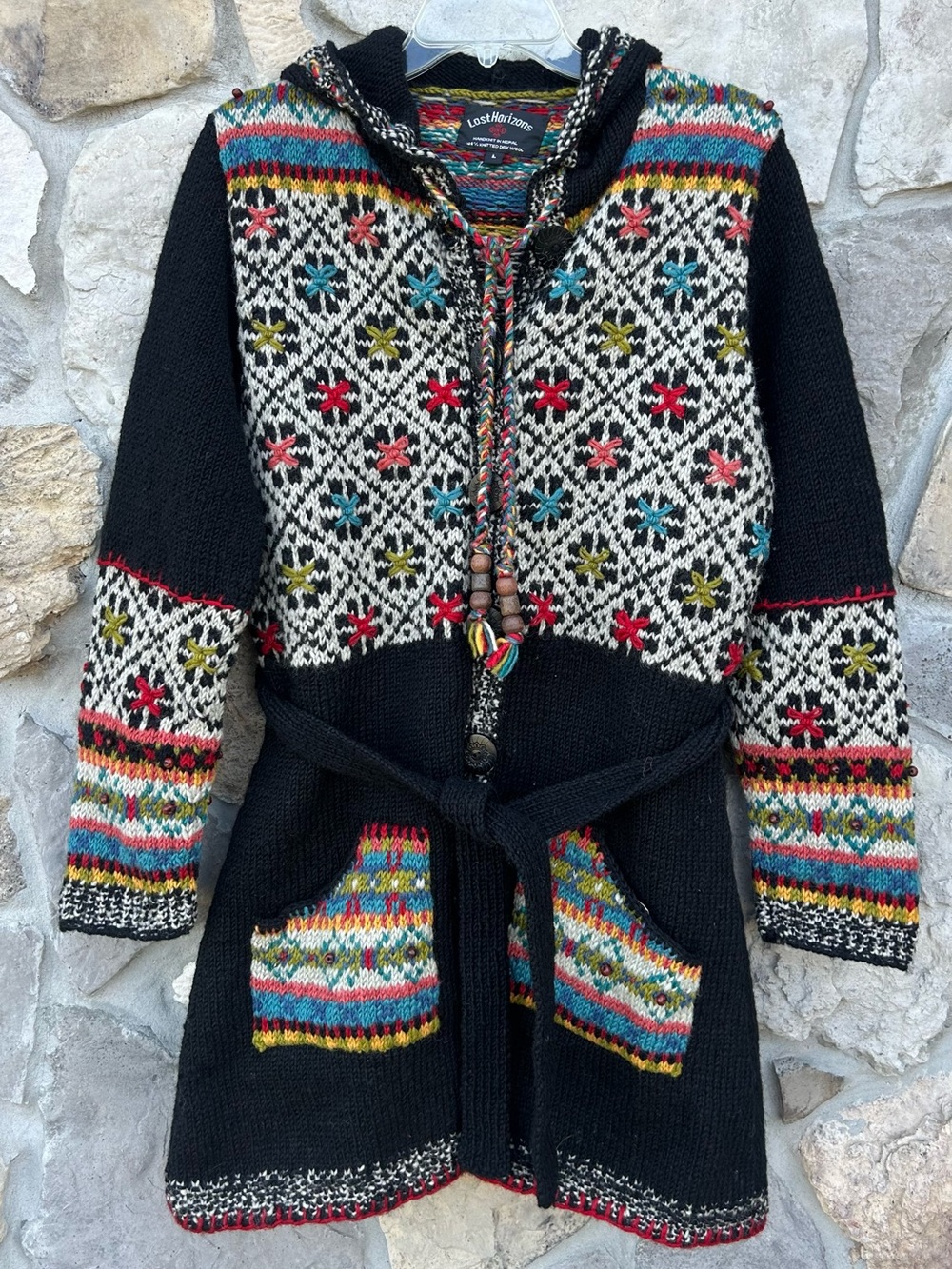 Lost Horizons 100% Dry Wool Duster Cardigan Sweater Size L Nordic Folk Artisan
